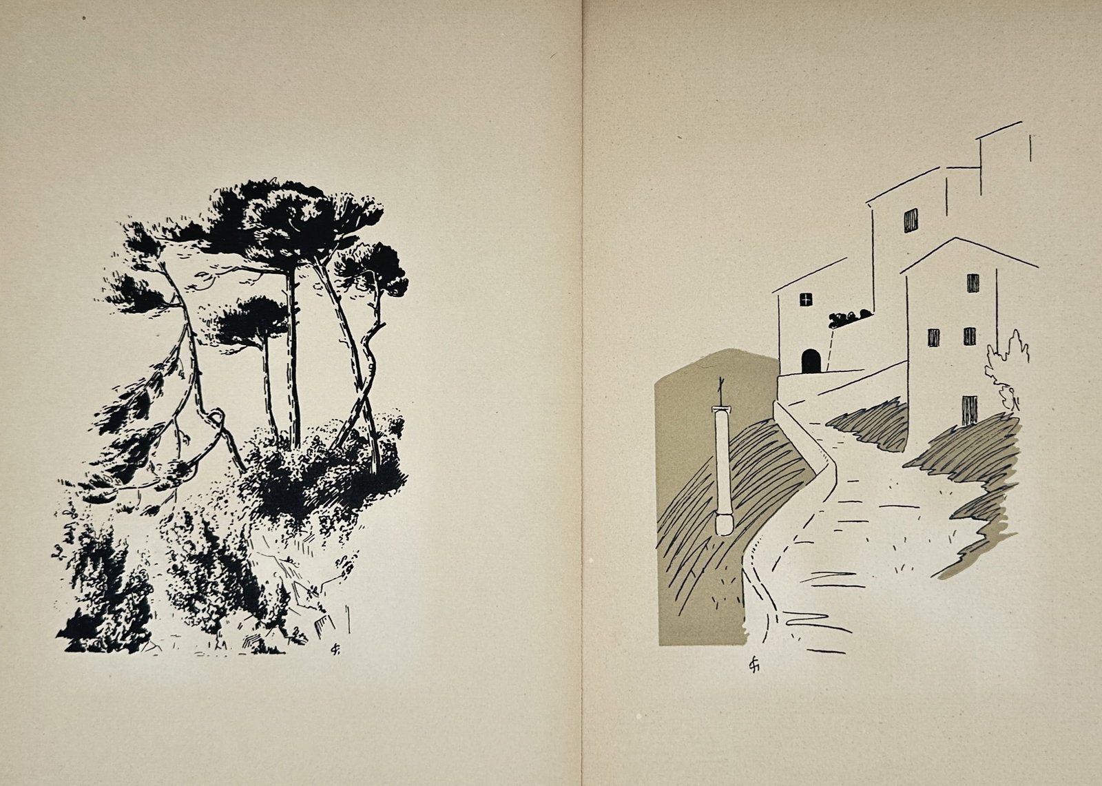 Gaston-Stéphane – Set of 2: Studies of Coastal Trees and Village Architecture – Woodcuts (1 of 2)