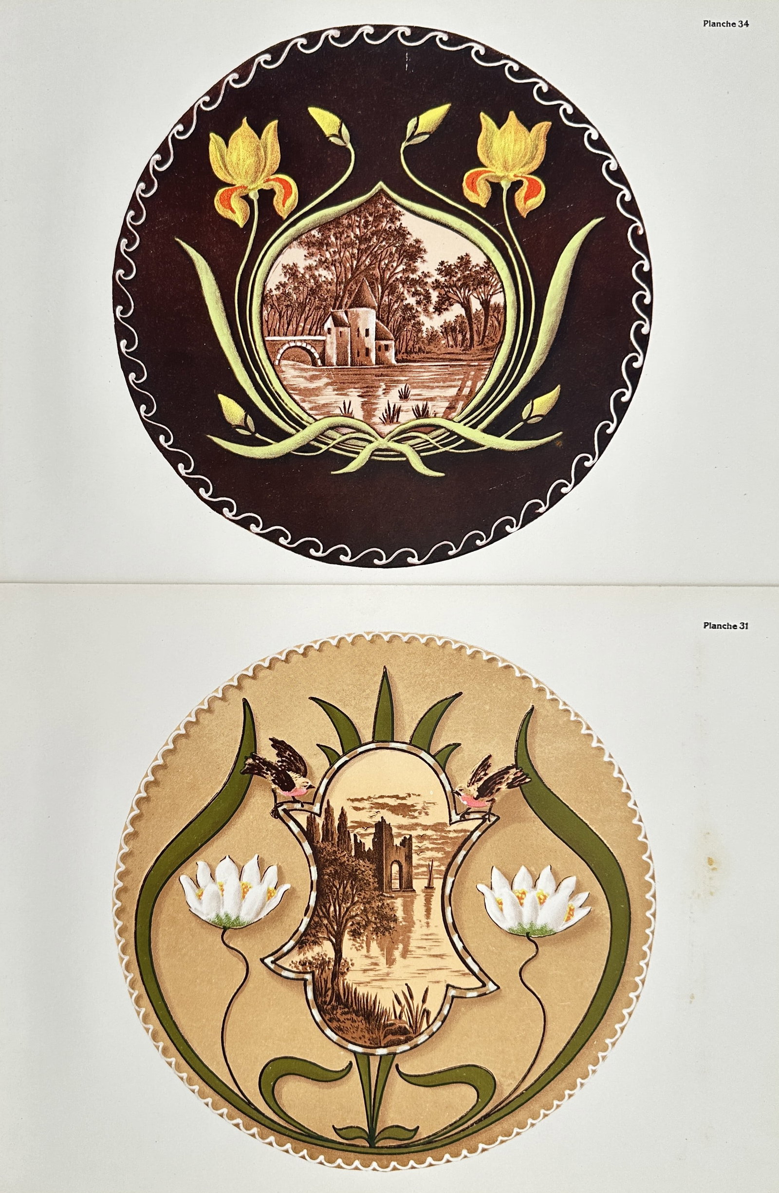 Thérèse de Dillmont – Set of 2: Studies of Floral Needlework Patterns with Landscapes – (1 of 2)