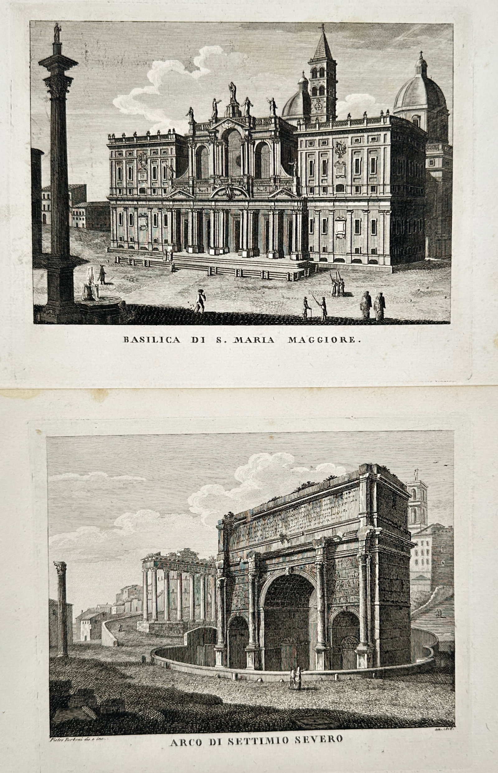 Pietro Parboni – Set of 2: Views of the Basilica of Saint Mary Major and Arch of Septimius Severus: "Views of Rome." This work presents detailed architectural illustrations showcasing the grand facade of a historic basilica and the monumental classical structure of an ancient triumphal arch with fin