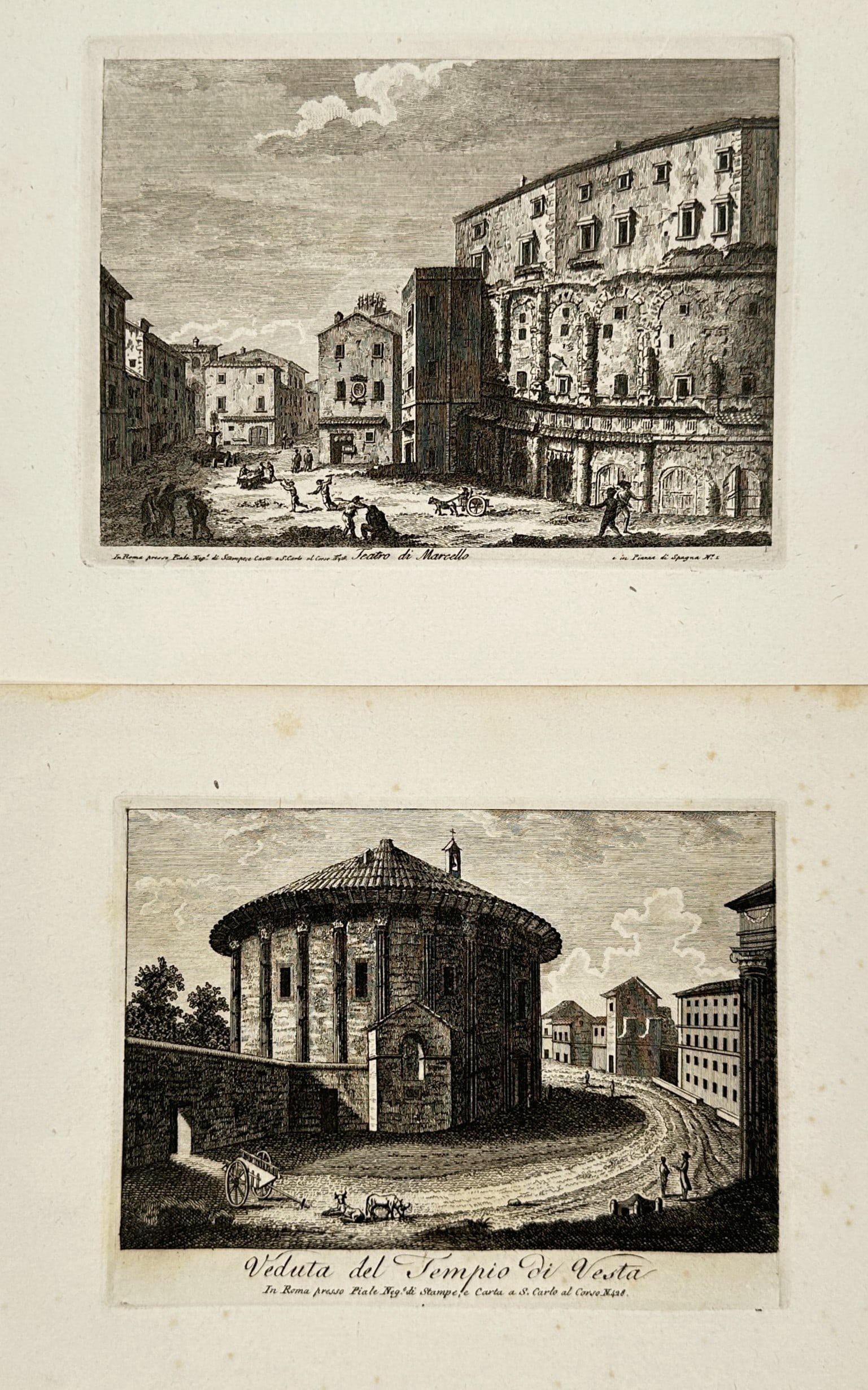 Pietro Parboni – Set of 2: Views of the Theater of Marcellus and Temple of Vesta – Engravings (1 of 2)