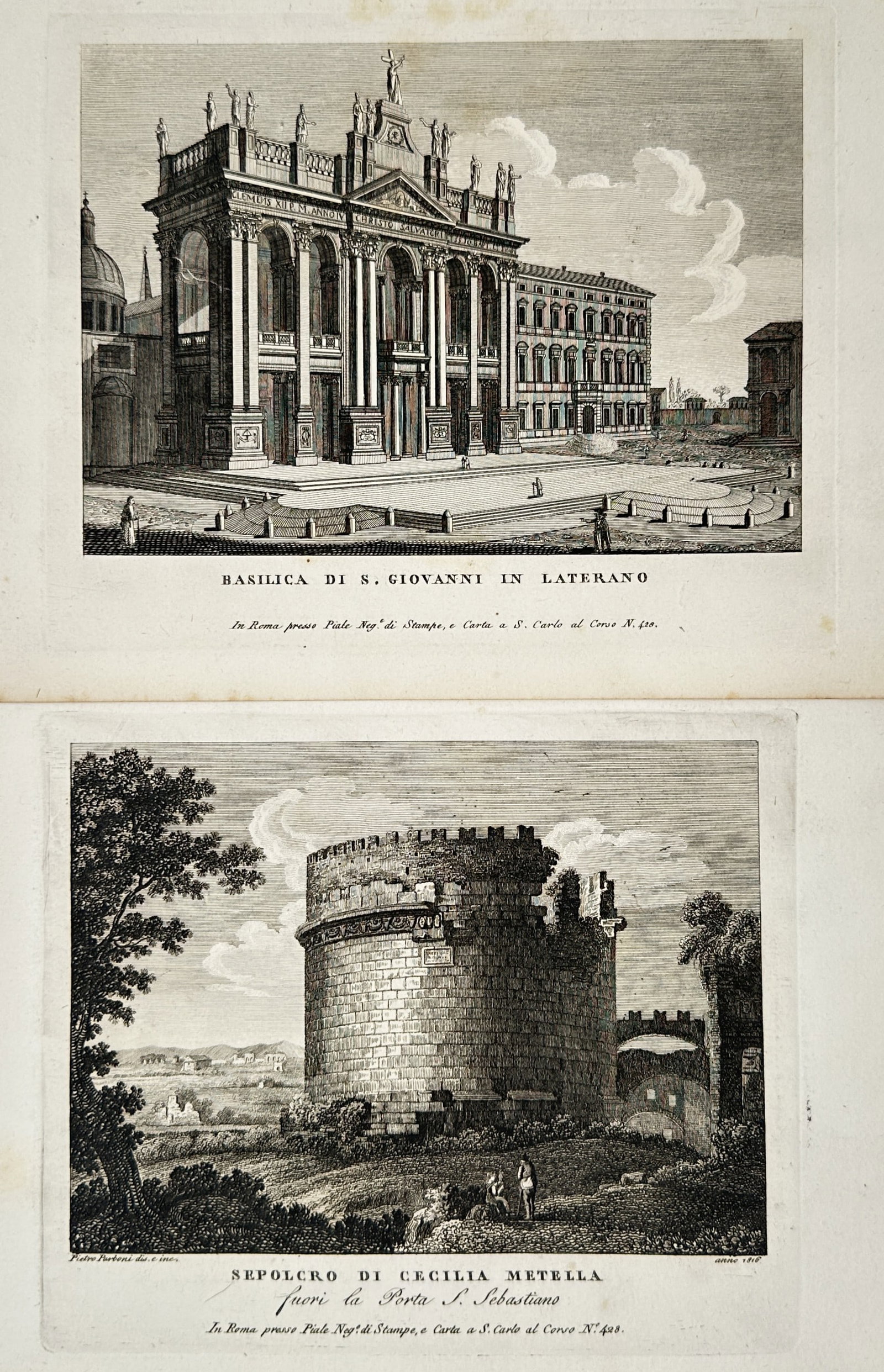 Pietro Parboni – Set of 2: Views of the Archbasilica of Saint John Lateran and Tomb of Metella (1 of 2)