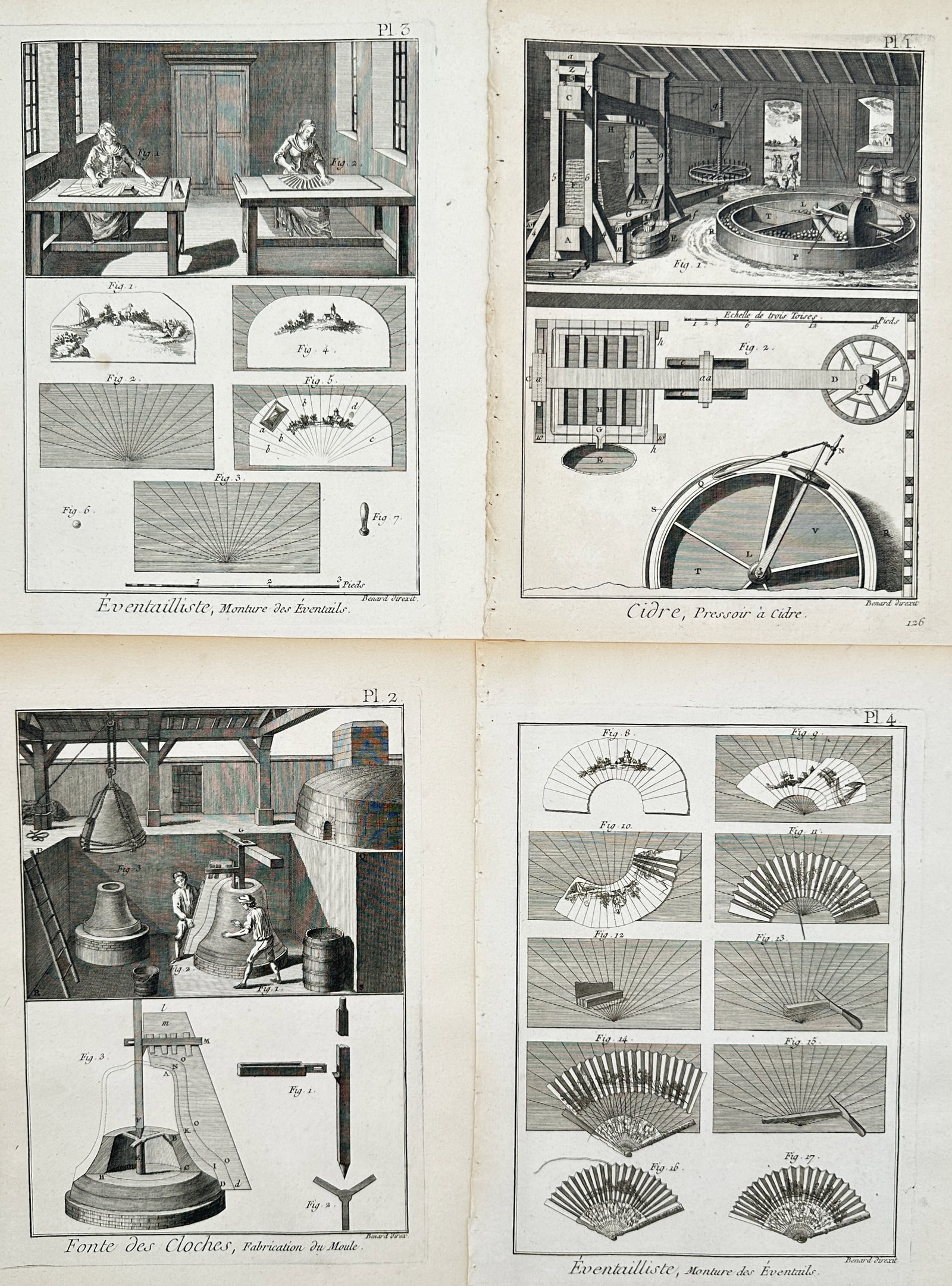 Robert Benard – Set of 4: Studies of Trades, Crafts, and Manufacturing – Engravings (18th: "Encyclopedia of Arts and Trades." This work features technical illustrations showcasing workshops and mechanical systems related to historic craftsmanship, including the assembly of decorative foldin