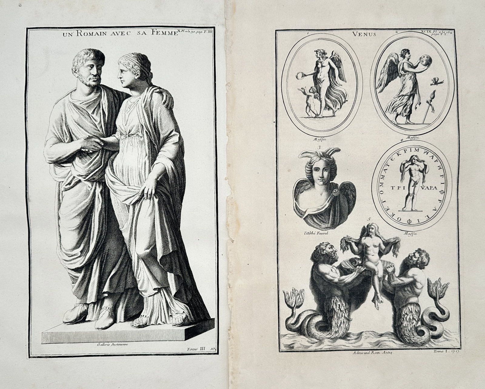 Bernard de Montfaucon – Set of 2: Studies of a Roman Couple and Depictions of Venus – Engravings: "Antiquity Explained." This work features archaeological illustrations showcasing a classical sculptural depiction of a Roman man with his wife alongside various mythological representations of Venus 