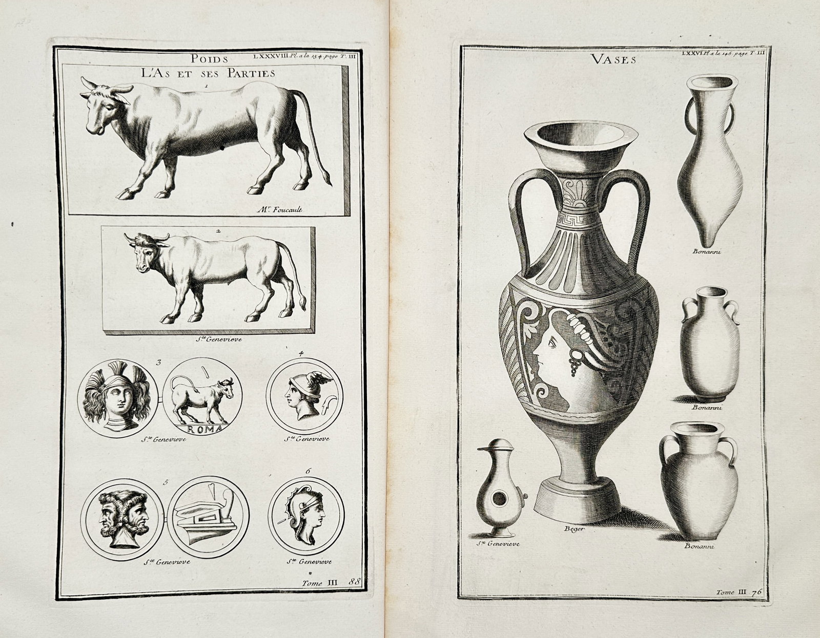 Bernard de Montfaucon – Set of 2: Studies of Ancient Roman Currency and Classical Vases: "Antiquity Explained." This work features archaeological illustrations showcasing historical Roman coins and currency molds featuring bulls and profiles alongside a variety of ancient classical potter