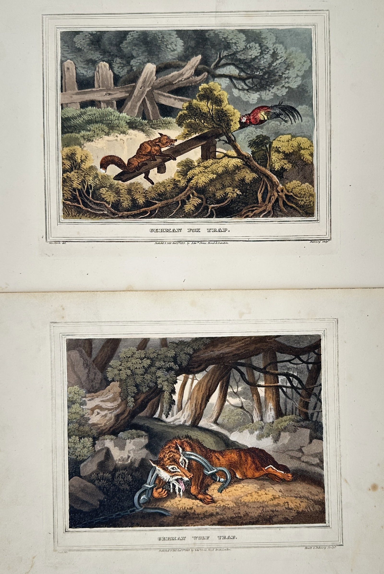 Samuel Howitt – Set of 2: Views of German Fox and Wolf Traps – Engravings (19th Century) (1 of 2)
