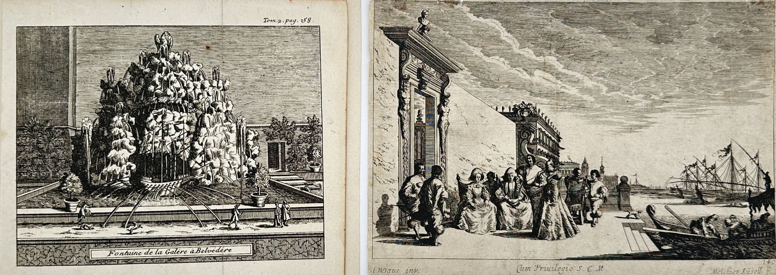Melchior Kussell – Set of 2: Studies of Baroque Fountains and Coastal Scenes – Engravings: "Studies of Baroque Fountains and Coastal Scenes." This work features detailed architectural and topographical illustrations showcasing an ornate ornamental fountain set within a garden landscape alon
