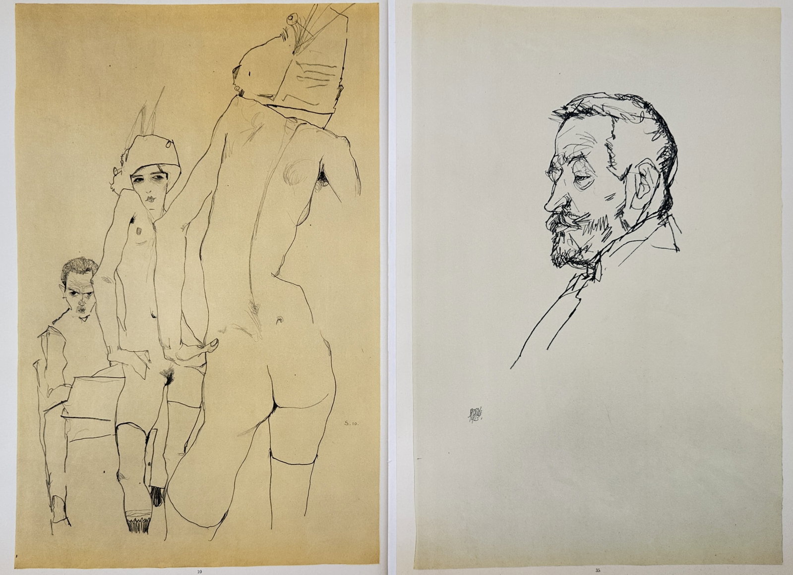 Egon Schiele,after – Set of 2: Studies of Figures and Portraiture – Offset lithographs (20th: "Studies of Figures and Portraiture." These offset lithographic prints feature expressive line drawings of human figures in dynamic poses alongside a detailed portrait sketch demonstrating a high degr