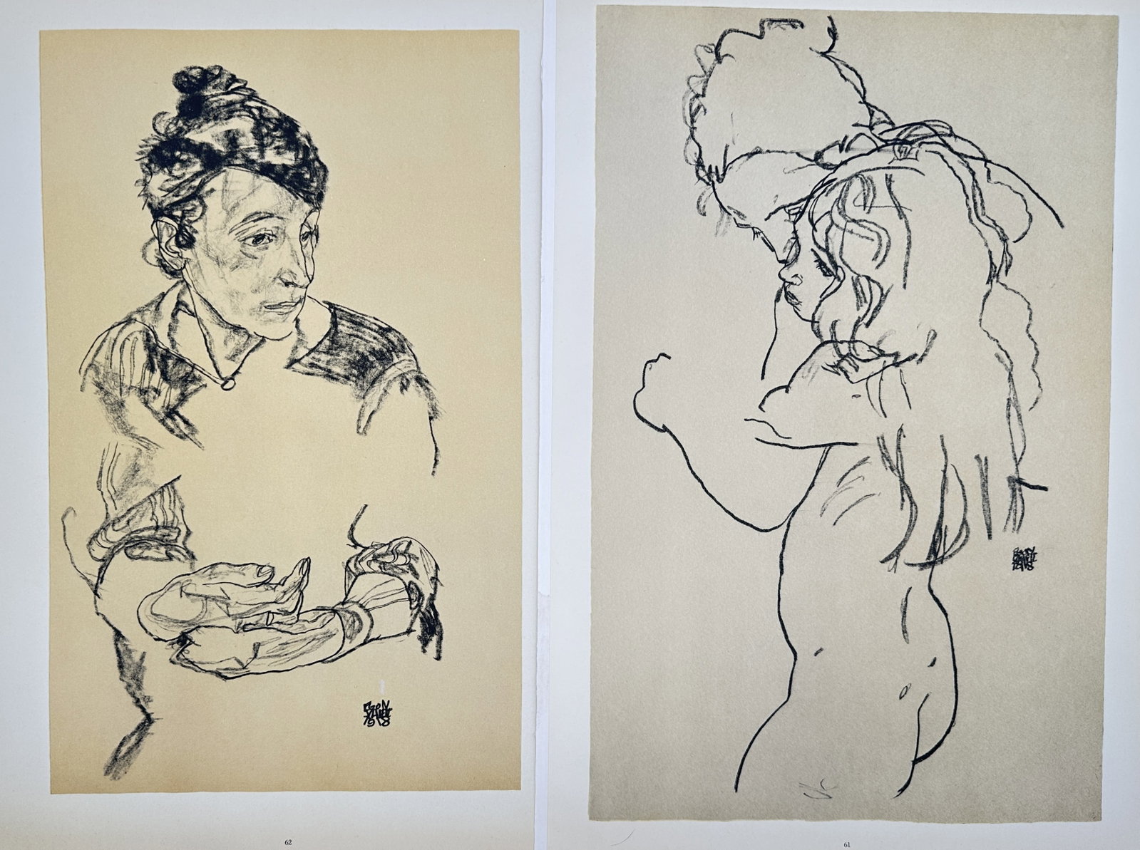 Egon Schiele,after – Set of 2: Studies of Human Forms and Emotional Expressions: "Studies of Human Forms and Emotional Expressions." These offset lithographic prints feature detailed line drawings focusing on the subtle interplay of human figures and the raw, introspective nature 