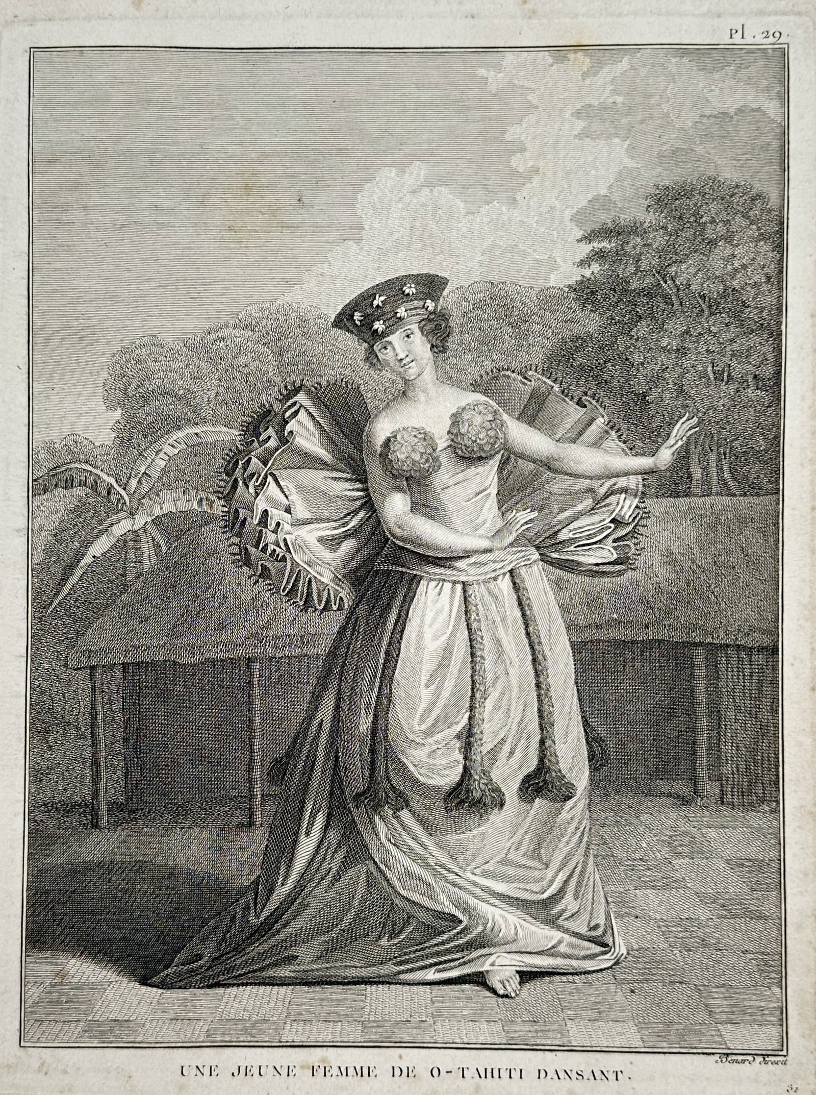John Webber – A Young Woman of Tahiti Dancing – Engraving (18th Century): "A Young Woman of Tahiti Dancing." This engraving depicts a graceful female figure from Tahiti engaged in a traditional dance, highlighting the cultural attire and performative movements documented by