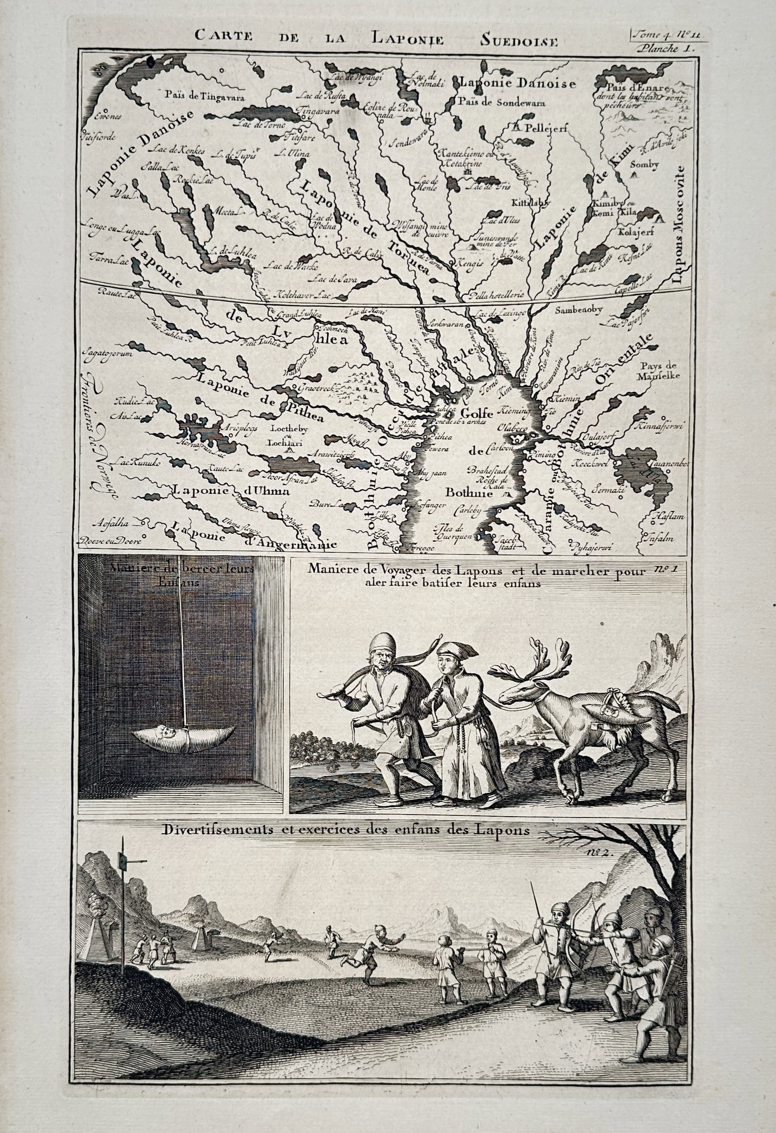 Henri Abraham Chatelain – Map and Cultural Studies of Swedish Lapland – Engraving (18th Century): "Carte de la Laponie Suedoise." This engraving features a geographical map of Swedish Lapland alongside illustrative ethnographic scenes depicting traditional methods of child-rearing and the recreati