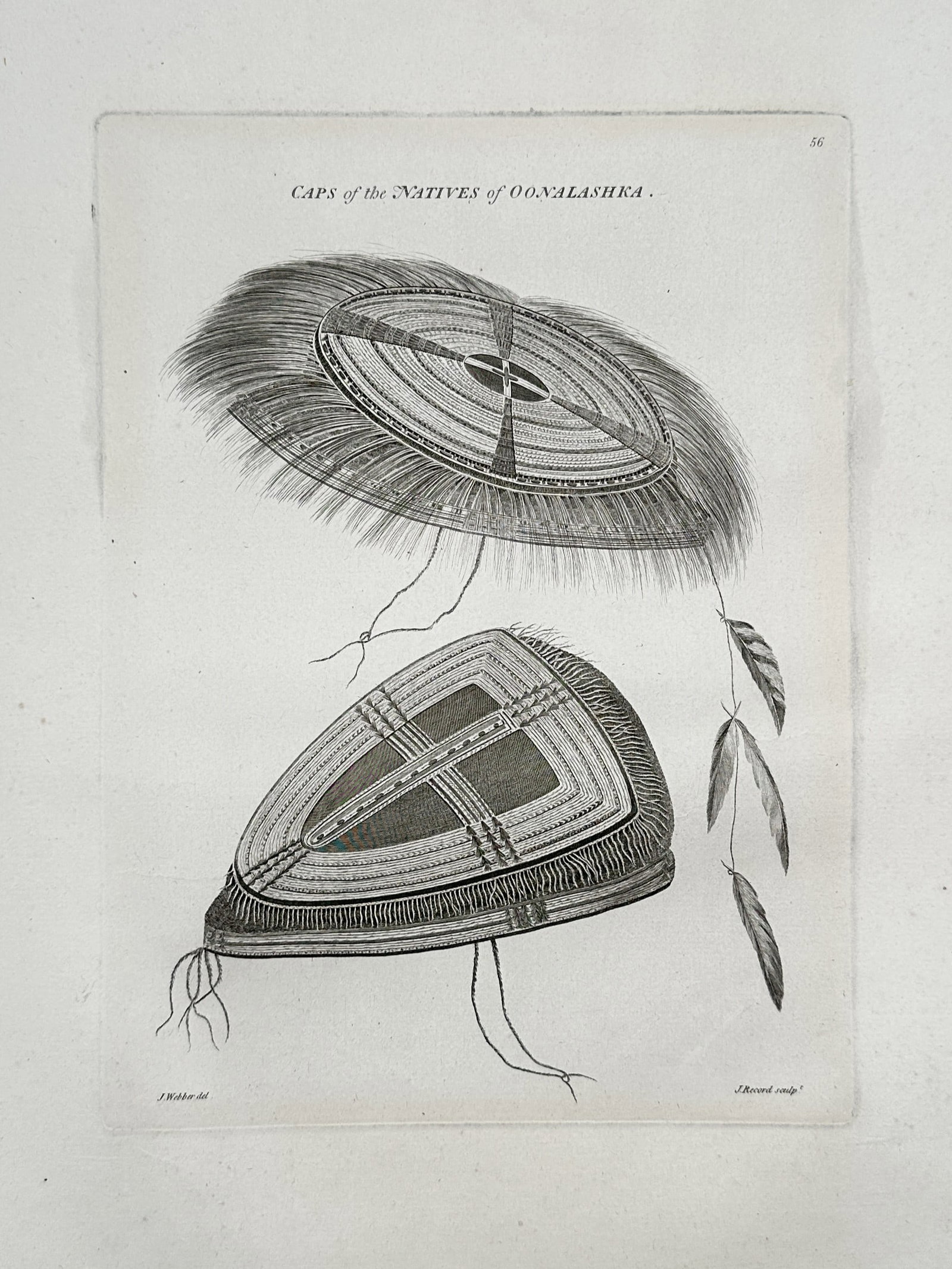 John Webber – Caps of the Natives of Oonalashka – Engraving (18th Century): "Caps of the Natives of Oonalashka." This engraving features detailed technical illustrations of traditional headwear worn by the indigenous people of Oonalashka, highlighting the craftsmanship and st