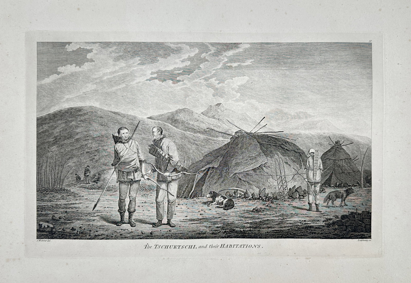 John Webber – The Tschuktschi and their Habitations – Engraving (18th Century): "The Tschuktschi and their Habitations." This engraving depicts members of the Tschuktschi people alongside their traditional dwellings, capturing the clothing, equipment, and architectural structures