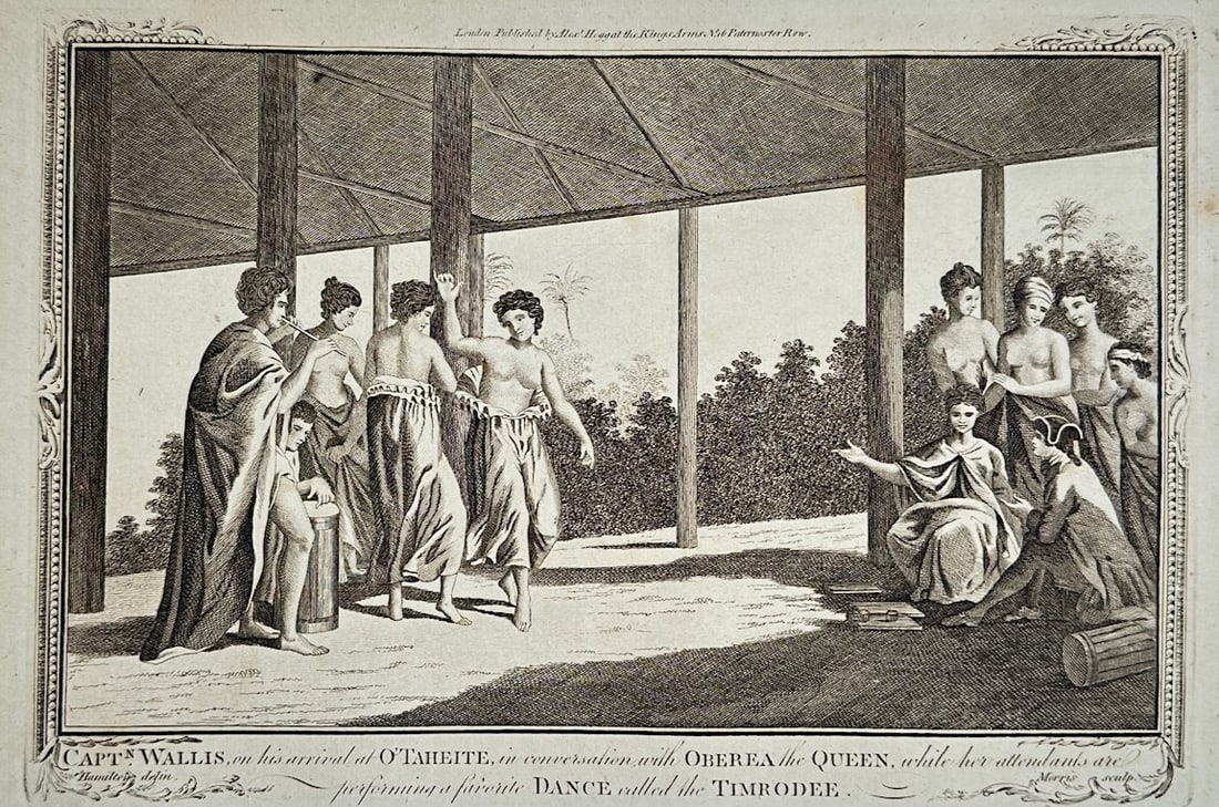 Alexander Hogg – Arrival of Captain Wallis at Tahiti – Engraving (18th Century): "Captain Wallis, on His Arrival at O'Taheite, in Conversation with Oberea the Queen, while Her Attendants Are Performing a Favorite Dance Called the Timrodee" This engraving depicts a historic encount