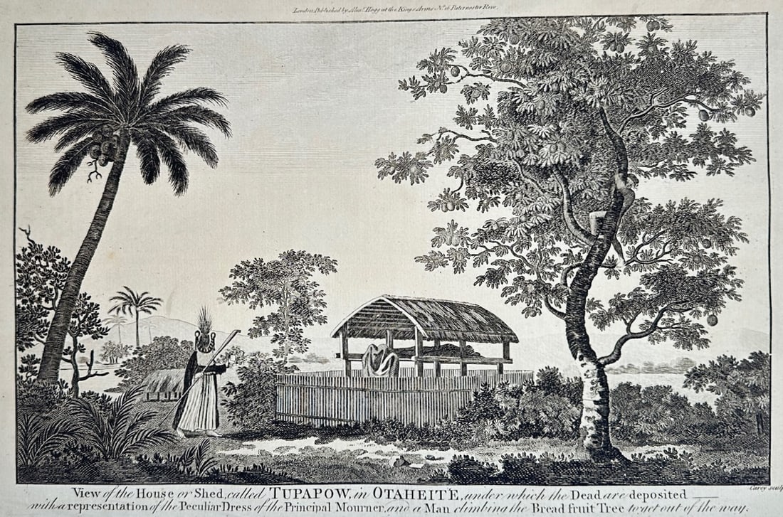 Alexander Hogg – Ceremonial Burial Site and Mourning Customs in Tahiti – Engraving (18th: "View of the House or Shed, Called Tupapow, in Otaheite, under Which the Dead Are Deposited" This engraving illustrates traditional Tahitian funerary practices, depicting a thatched shelter used as a 