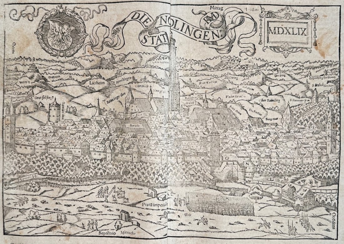 Sebastian Münster – Panoramic View of Nördlingen (Die Stat Nolingen) – Woodcut (16th Century): "Nördlingen die fürnemst Reichstatt im Rieß..." This double-page woodcut displays a general overview of the historic imperial city of Nördlingen, showcasing its dense urban layout, defensive forti