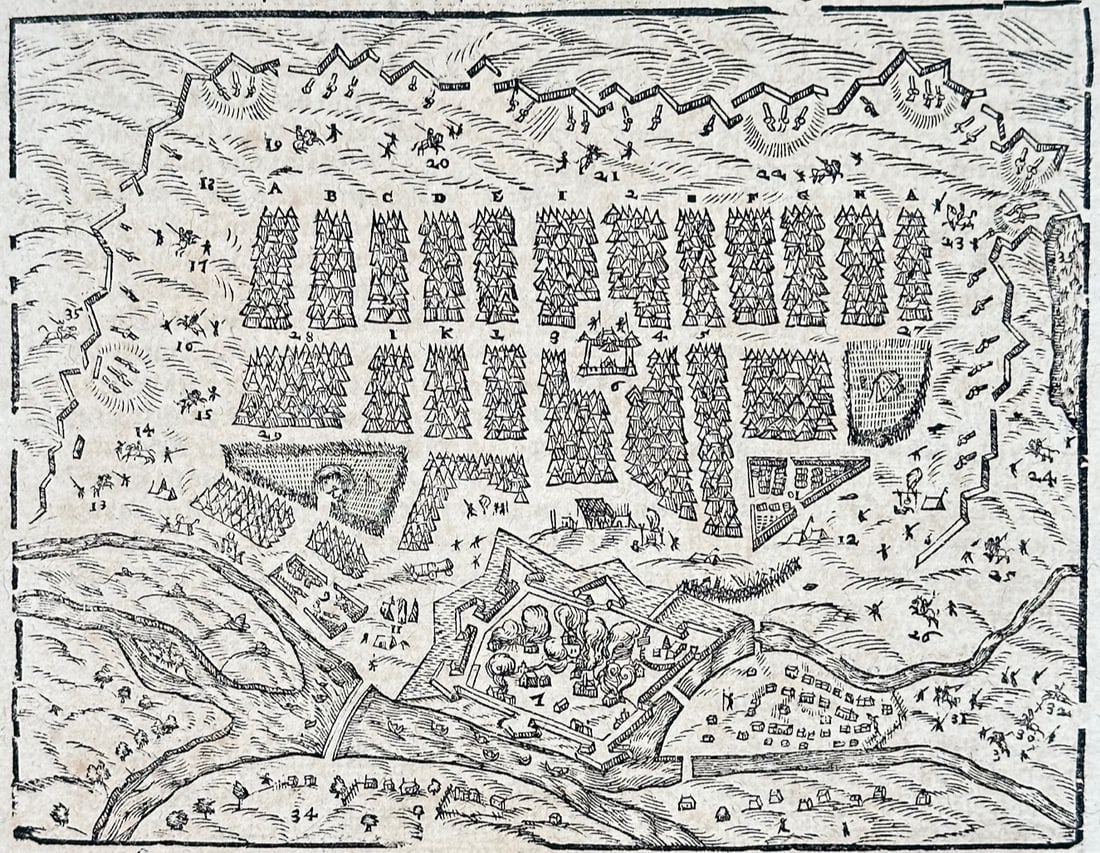 Sebastian Münster – Historic View of Raab and the Imperial Camp – Woodcut (16th Century) (1 of 3)