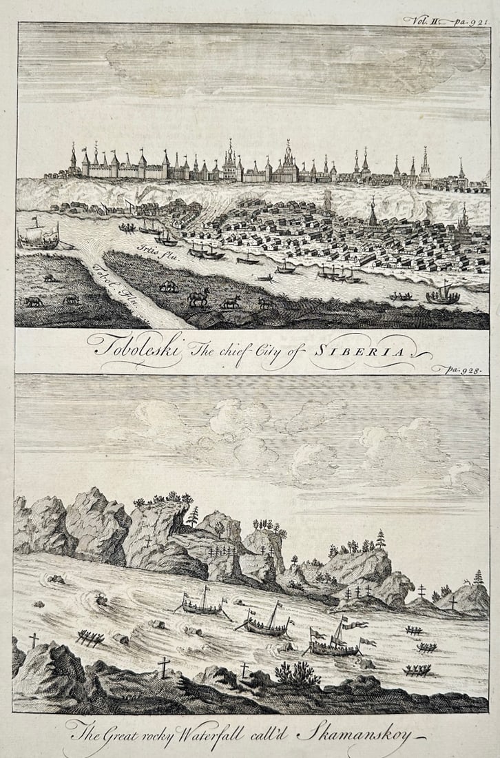 Emanuel Bowen – Views of Tobolsk and the Shamanskoy Waterfall – Engraving (18th Century) (1 of 2)