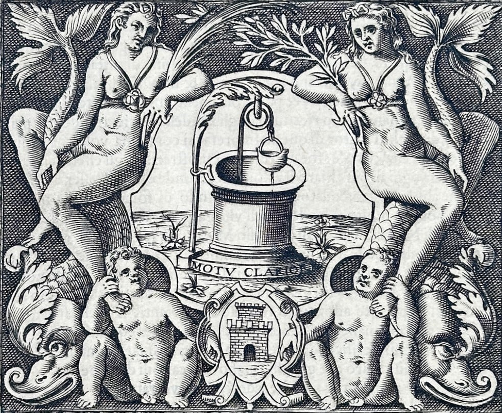 Girolamo Ruscelli – Emblem of Giovan Battista Zanchi – Engraving (1566): "The Well Device" This engraving displays a general overview of an allegorical emblem featuring a stone water well flanked by two seated female figures and two cherubs, with a small heraldic shield de