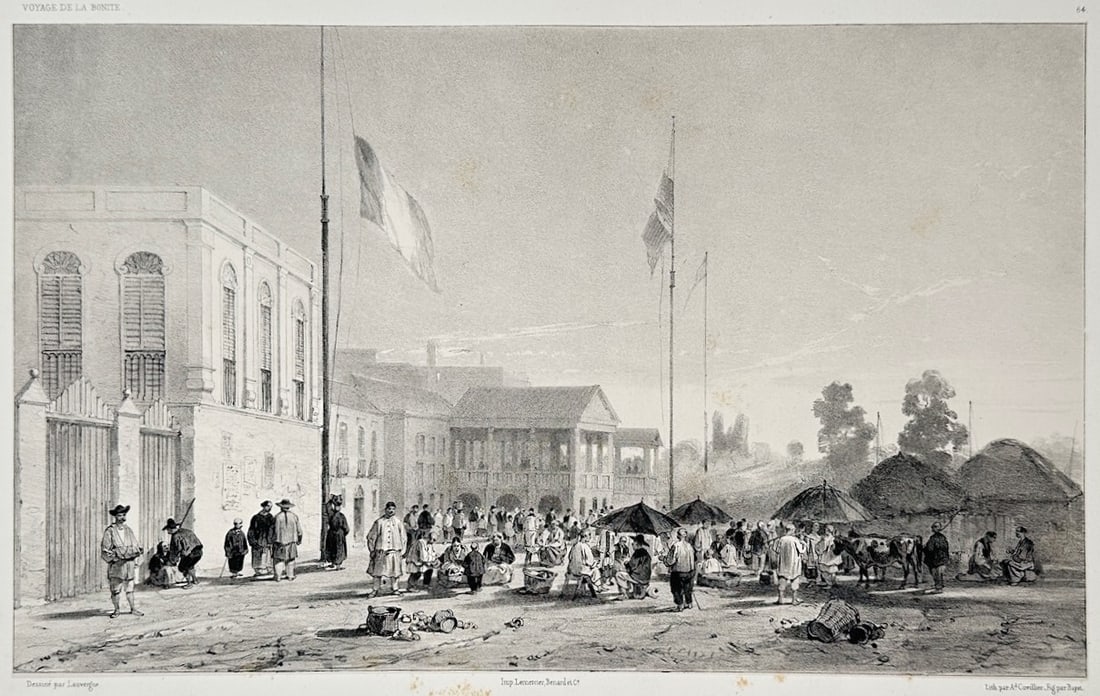 Barthelemy Lauvergne – Square of the European Factories in Canton – Lithograph (19th Century): "Square of the European Factories in Canton" This lithograph depicts a bustling public square framed by European architectural structures, flags, and various figures engaged in daily activities. The s