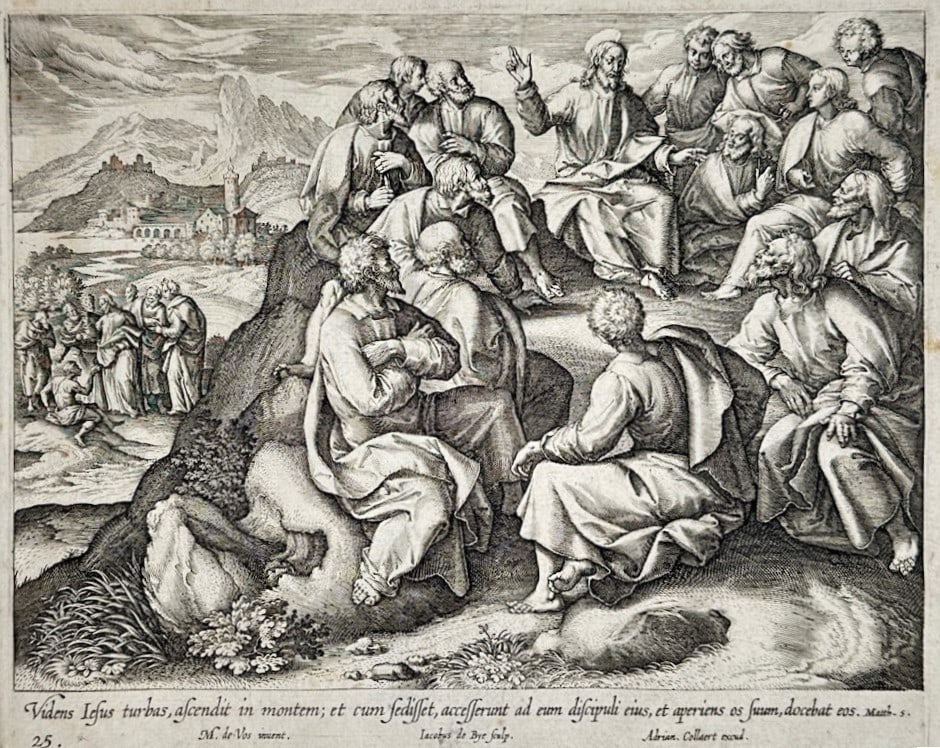 Marten de Vos – The Sermon on the Mount – Engraving (16th Century): "The Sermon on the Mount" This engraving depicts a biblical scene where a gathered group of disciples attentively listens to a central figure teaching upon a rocky hillside. The composition emphasizes