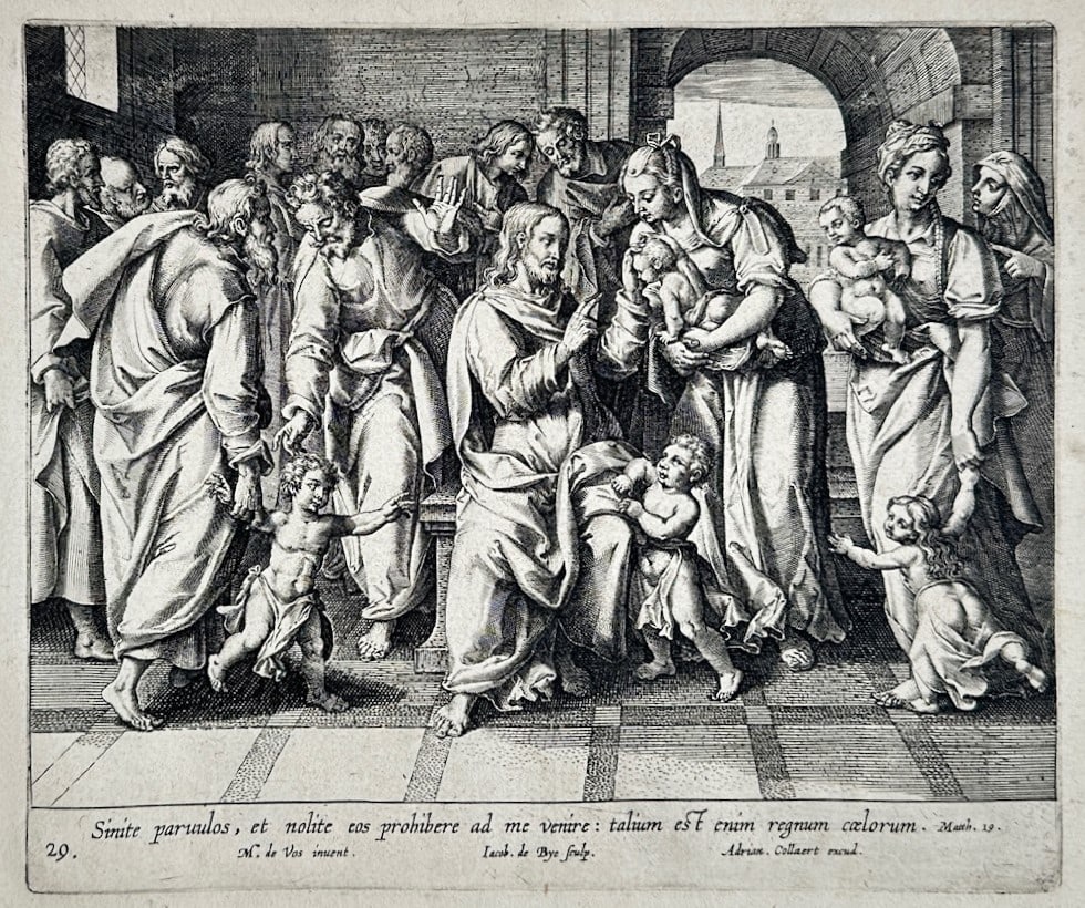 Marten de Vos – Suffer the Little Children to Come unto Me – Engraving (16th Century) (1 of 3)