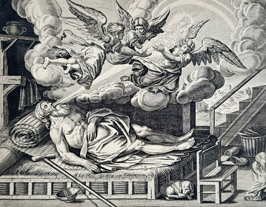 Claes Janszoon Visscher – Lazarus Carried by Angels to Abraham's Bosom – Engraving (1 of 3)