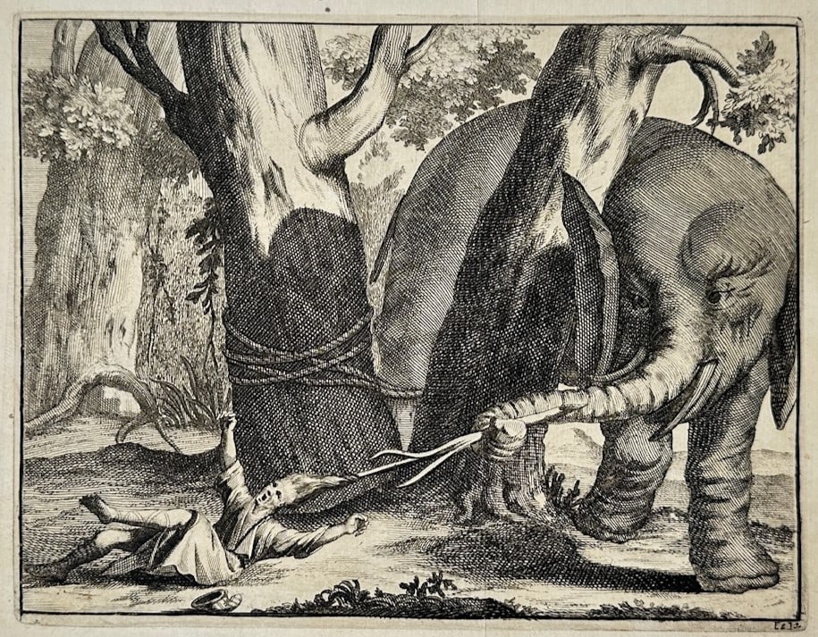 Pieter van der Aa – View of an Elephant Attacking a Man – Engraving (18th Century) (1 of 3)