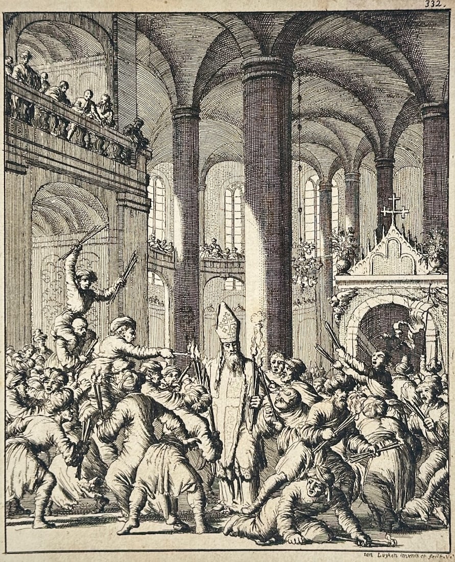 Jan Luyken – The Martyrdom of a Bishop in a Cathedral – Etching (17th Century) (1 of 3)
