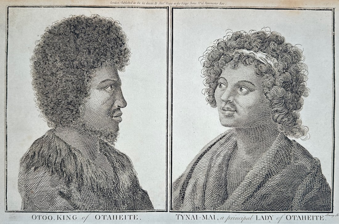Alexander Hogg – Portraits of Otoo and Tynai-Mai of Otaheite – Engraving (18th Century): "Portraits of Otoo, King of Otaheite and Tynai-Mai, a Principal Lady of Otaheite" This engraving features two portrait studies depicting a prominent male leader and a distinguished female figure from 