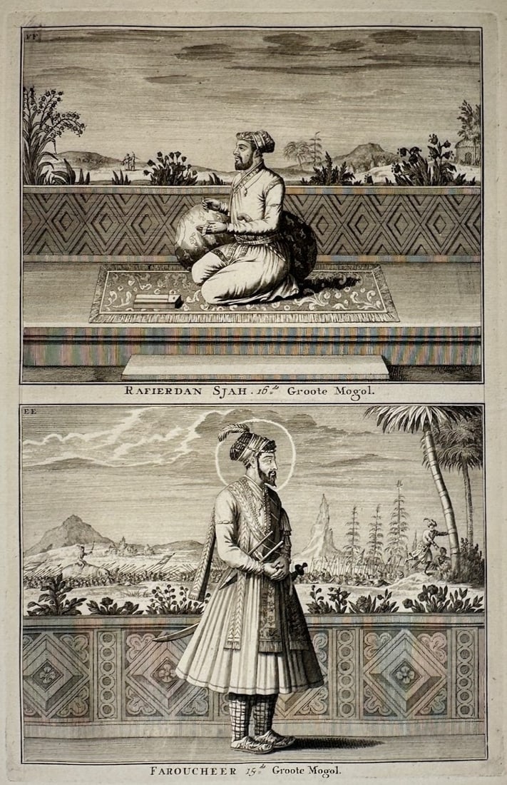 Francois Valentijn – Portraits of Rafierdan Shah and Farrukhsiyar – Engraving (18th Century): "Portraits of Rafierdan Shah and Farrukhsiyar" This engraving features portrait studies of two Mughal emperors, depicting one seated on a decorative carpet and the other standing in a traditional form