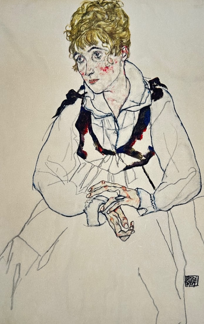 Egon Schiele,after – Portrait of a Woman with Upswept Hair – Offset Lithograph (20th Century): "Portrait of a Woman with Upswept Hair" depicts a seated female figure rendered with angular, expressive linework characteristic of Expressionist portraiture, featuring delicate facial features with s