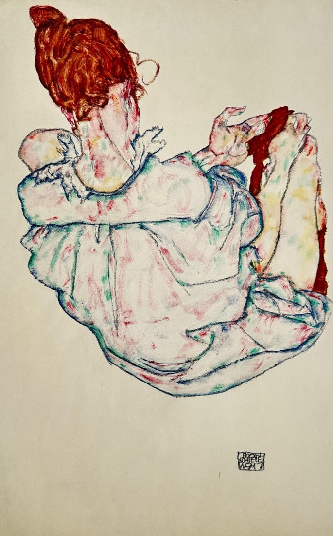 Egon Schiele,after – Reclining Woman in Green and Cream Drapery – Offset Lithograph (1 of 2)