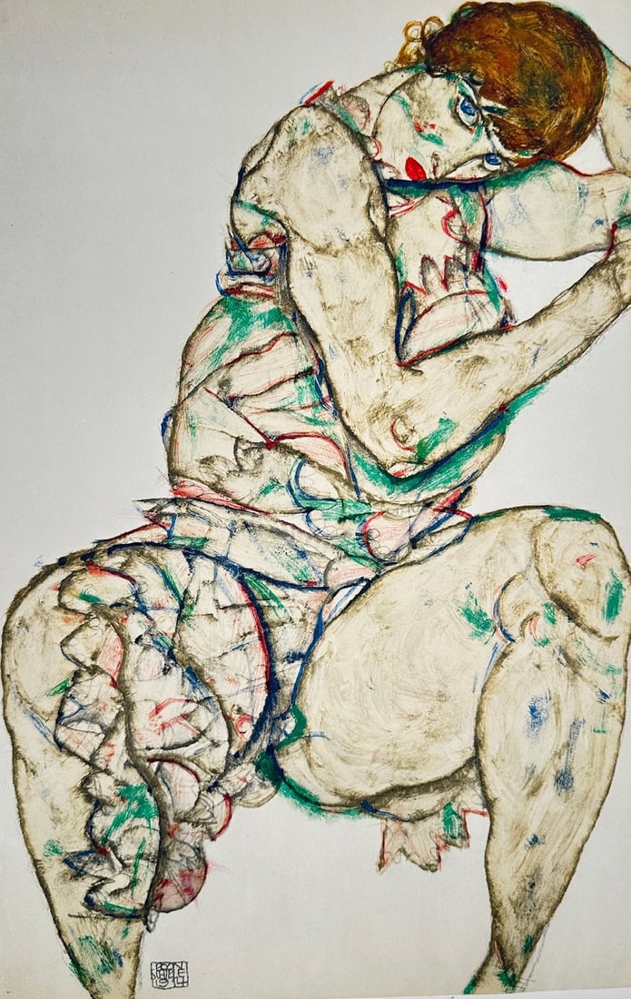Egon Schiele,after – Seated Nude Figure Study with Anatomical Overlay – Offset Lithograph: "Seated Nude Figure Study with Anatomical Overlay" portrays a crouching male figure rendered in Schiele's signature angular expressionist manner, with pale cream-toned flesh articulated through energe