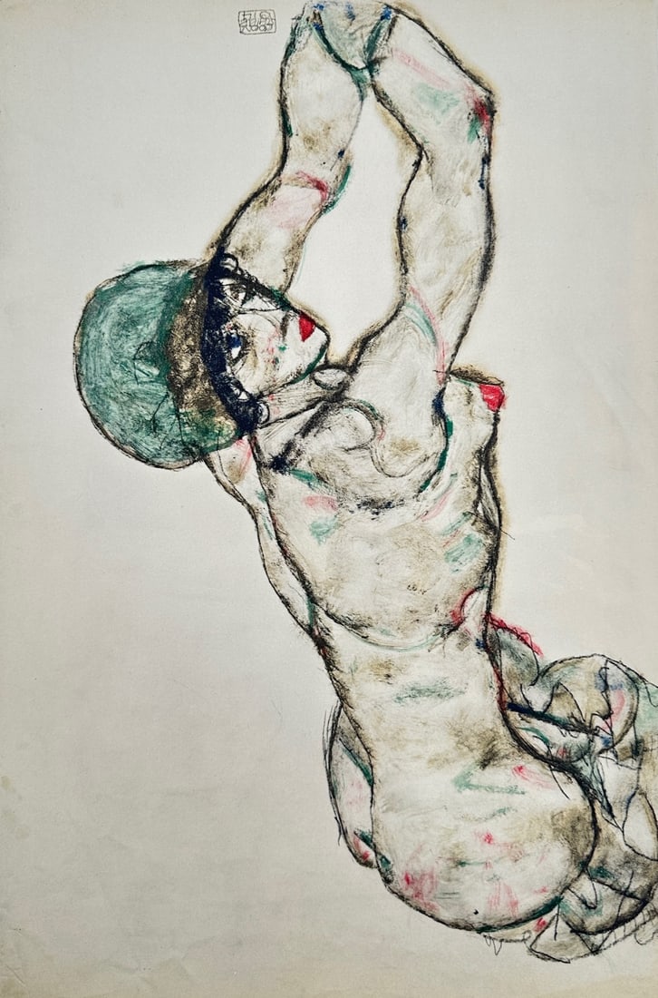 Egon Schiele,after – Reclining Nude with Turquoise Cap – Offset Lithograph (20th Century) (1 of 2)