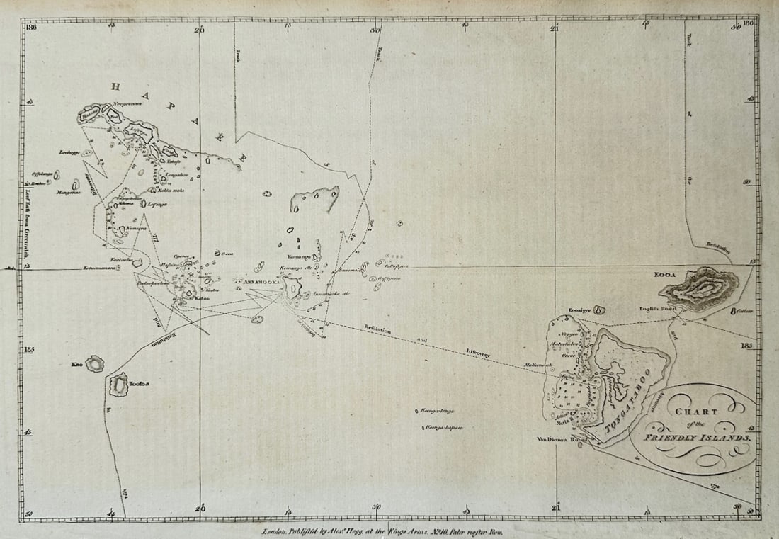 Alexander Hogg – Map of the Friendly Islands – Engraving (18th Century): "Chart of the Friendly Islands" depicts a cartographic representation of the South Pacific island archipelago with topographic detail, settlement nomenclature, coastal configurations, and navigational