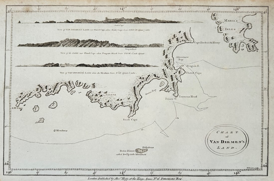 Alexander Hogg – Map of Van Diemen's Land – Engraving (18th Century): "Chart of Van Diemen's Land" presents a cartographic survey of the Australian territory with coastal profiles, topographic detail, settlement nomenclature, and three elevation views of distinctive hea