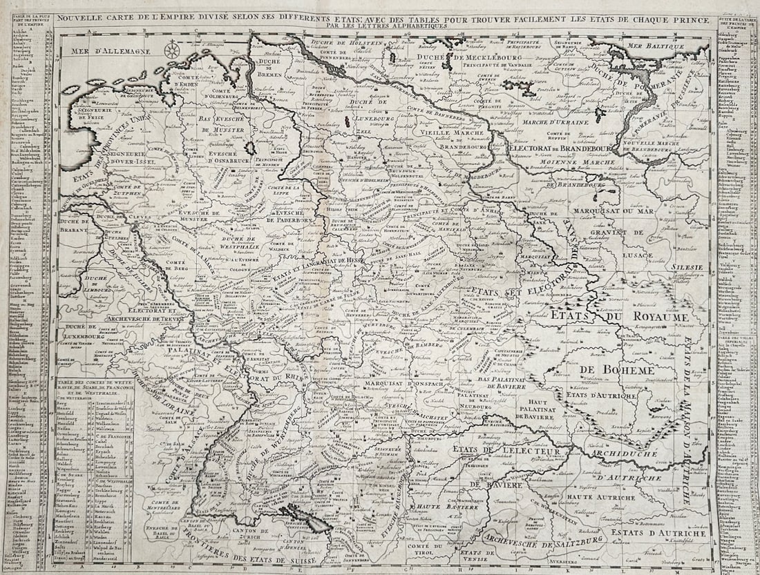 Henri Abraham Chatelain – Map of the Holy Roman Empire Divided According to Its Different States: "New Map of the Holy Roman Empire Divided According to Its Different States" presents a comprehensive cartographic survey of Central European territories rendered with precise political boundaries, re