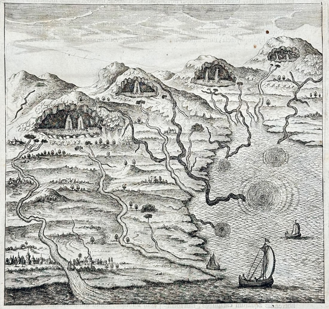 Athanasius Kircher – On the Origins of Rivers: Topographic Landscape Study – Engraving (1 of 3)