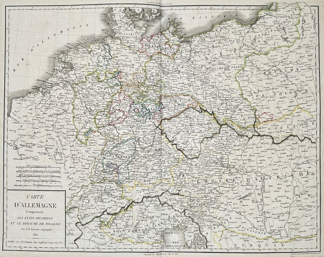 Claude Nicolas Lorrain – Map of Germany Comprising the Prussian States and Poland – Engraving: "Map of Germany Comprising the Prussian States and the Kingdom of Poland" presents a comprehensive cartographic survey of Central European territories rendered with precise political boundaries deline