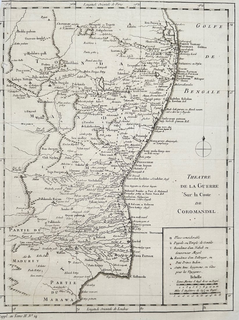 Jacques-Nicolas Bellin – Map of Theatre of War on the Coromandel Coast – Engraving (18th: "Theatre of War on the Coromandel Coast" presents a comprehensive cartographic survey of the Indian coastal region delineating territorial boundaries, settlement nomenclature, geographic features, and
