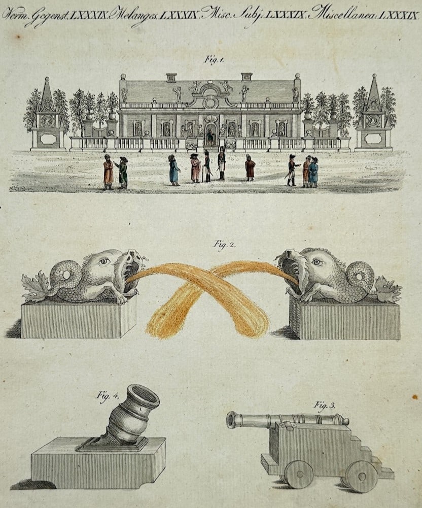 Friedrich Johann Justin Bertuch – Palatial Estate with Ornamental Mechanical Devices: "Palatial Estate with Ornamental Mechanical Devices" presents an architectural elevation of an aristocratic mansion with symmetrical facade, formal gardens with populated figures, and three detailed t