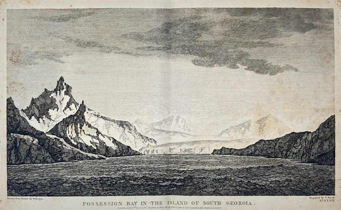 John Webber – Possession Bay in the Island of South Georgia – Engraving (18th Century): "Possession Bay in the Island of South Georgia" presents a dramatic panoramic seascape of a high-latitude coastal landscape rendered in atmospheric perspective with snow-capped peaks rising from water
