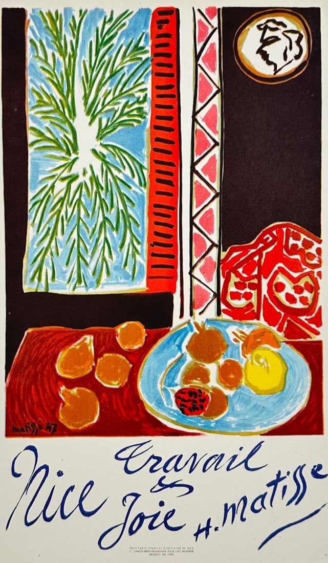 Henri Matisse,after – Nice Work: Morning – Offset Lithograph (20th Century): "Nice Work: Morning" depicts an interior domestic scene rendered in Matisse's characteristic Fauvist vocabulary with bold geometric planes of vivid color, patterned textile elements in red and geometr