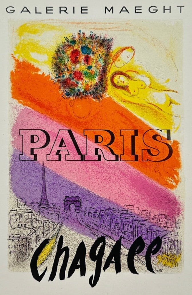 Marc Chagall,after – Paris: Galerie Maeght Exhibition – Offset Lithograph (20th Century): "Paris: Galerie Maeght Exhibition" presents an evocative composition combining luminous color fields in yellow, orange, pink, and purple tones with figurative imagery including an angelic figure rende