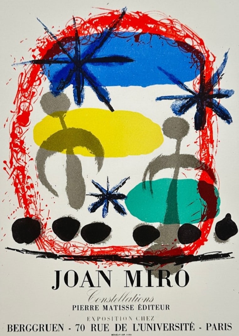 Joan Miro,after – Constellations Exhibition Poster – Offset print (20th Century): "Constellations Exhibition Poster" This print features a vibrant abstract composition with organic shapes, stars, and bold primary colors set within an expressive red border. The work serves as an exh