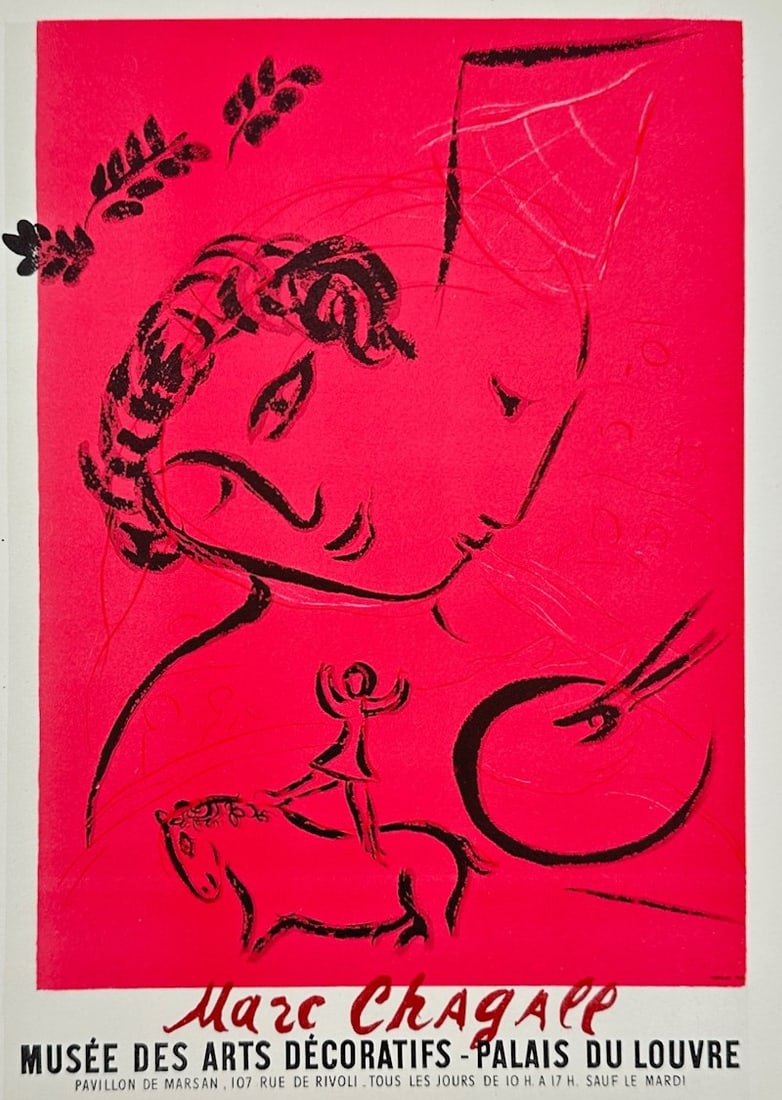 Marc Chagall,after – Musee des Arts Decoratifs Exhibition Poster – Offset print (20th Century): "Musee des Arts Decoratifs Exhibition Poster" This print features a vibrant red abstract composition displaying a whimsical face alongside an equestrian figure and a ringmaster in a theatrical setting