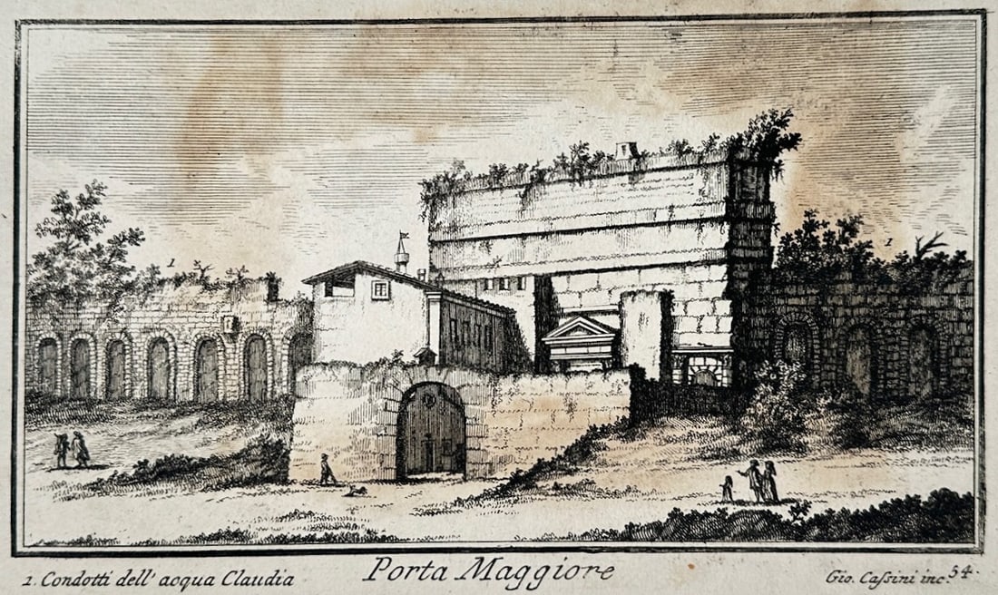 Giovanni Maria Cassini – Porta Maggiore – Engraving (18th Century): "Porta Maggiore" This engraving depicts the historic ancient Roman gate of Porta Maggiore with its prominent stone architecture and overgrown foliage along the upper structure. The composition highlig
