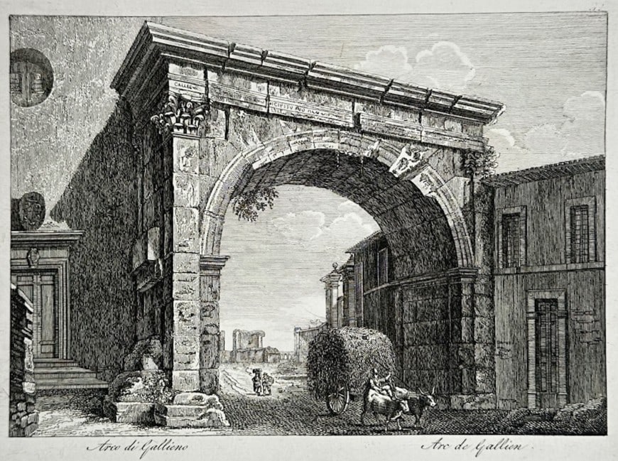 Pietro Parboni – Arch of Gallienus – Engraving (19th Century): "Arch of Gallienus" This engraving depicts the ancient Roman triumphal arch dedicated to Emperor Gallienus situated in a street setting next to neighboring buildings. The classical architecture of the