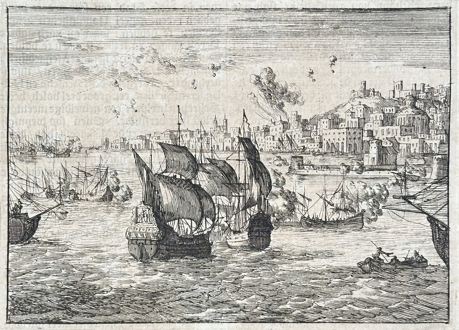 Johann Ludwig Gottfried – Bombardment of Genoa – Engraving (17th Century): "Bombardment of Genoa" This engraving depicts a naval bombardment of a fortified coastal city with multiple warships deployed across the water. The composition highlights the scale of the historical m