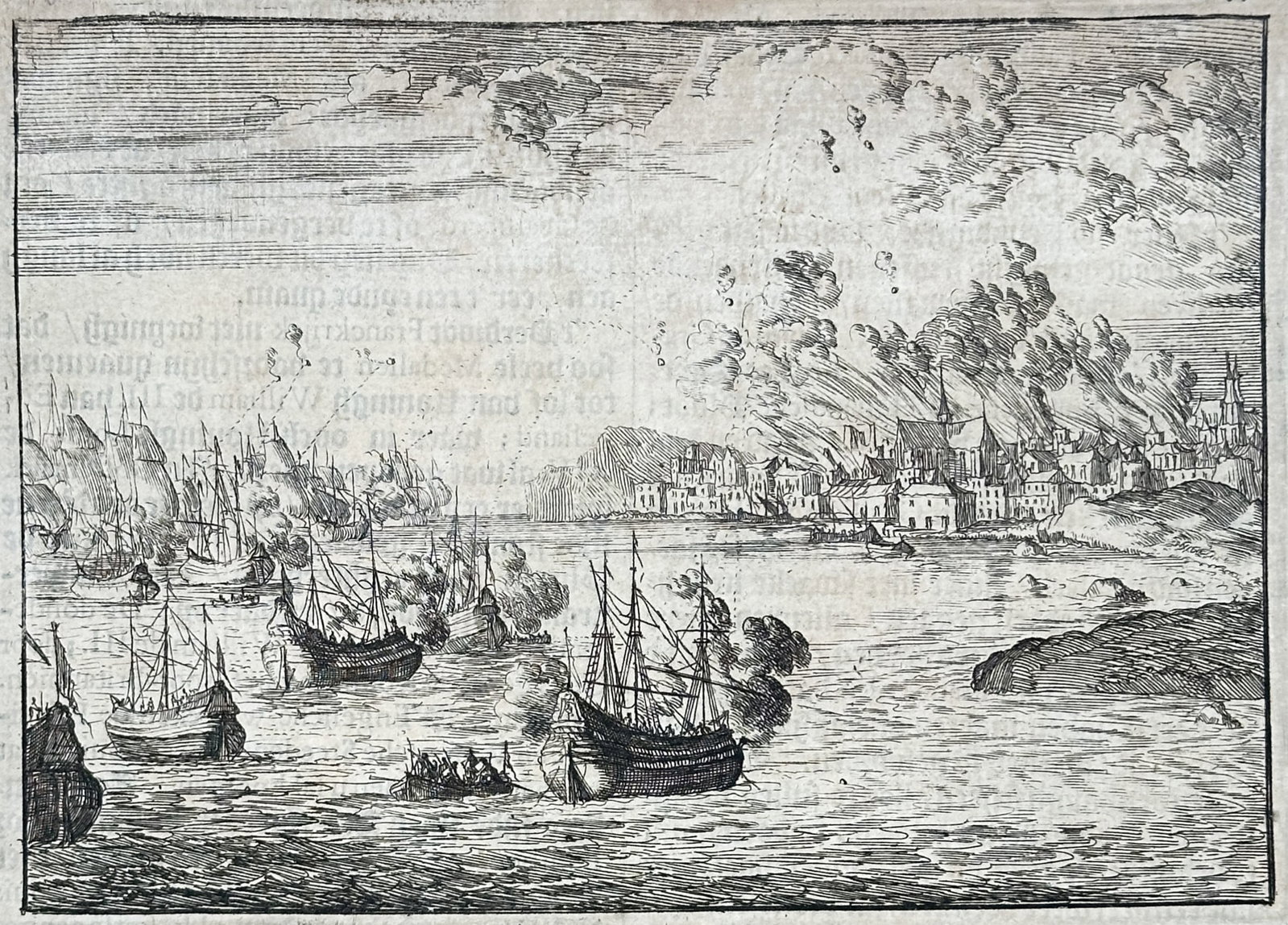 Johann Ludwig Gottfried – Bombardment of Havre de Grace – Engraving (17th Century): "Bombardment of Havre de Grace" This engraving depicts a dramatic naval assault against the coastal fortifications of Havre de Grace, showing sailing ships firing upon the city under a sky filled with